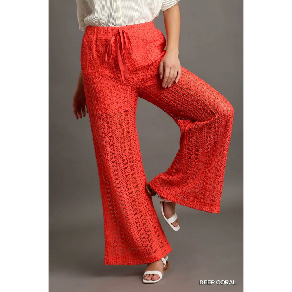 Umgee Deep Coral Crochet Wide-Leg Pants